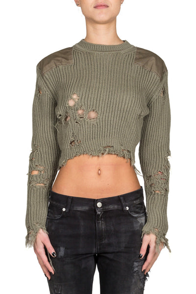 Womens Destroyed Cropped Sweater With Patches - cooder