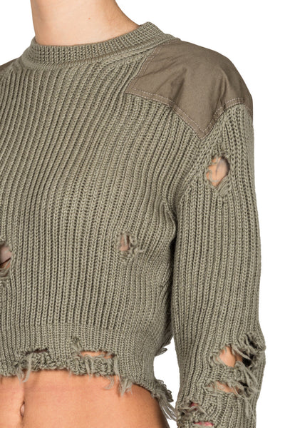 Womens Destroyed Cropped Sweater With Patches - cooder