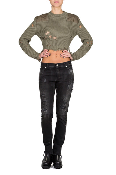 Womens Destroyed Cropped Sweater With Patches - cooder