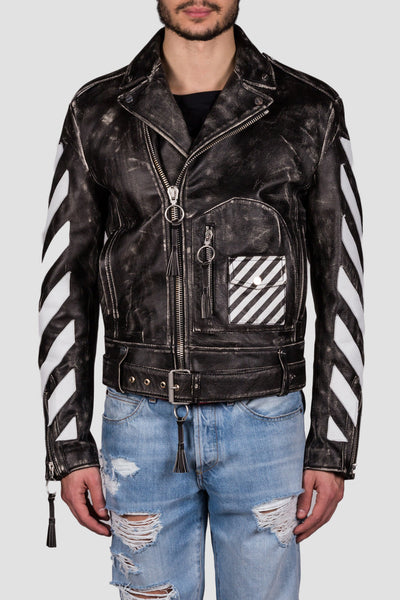 Leather Moto Jacket Black White - cooder
