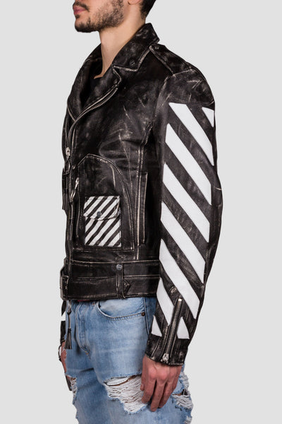 Leather Moto Jacket Black White - cooder