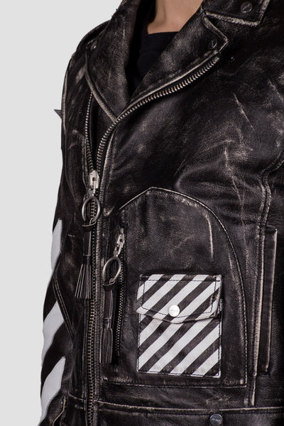 Leather Moto Jacket Black White - cooder