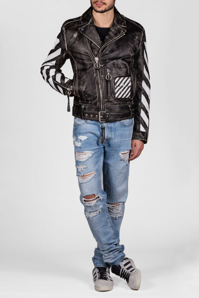 Leather Moto Jacket Black White - cooder